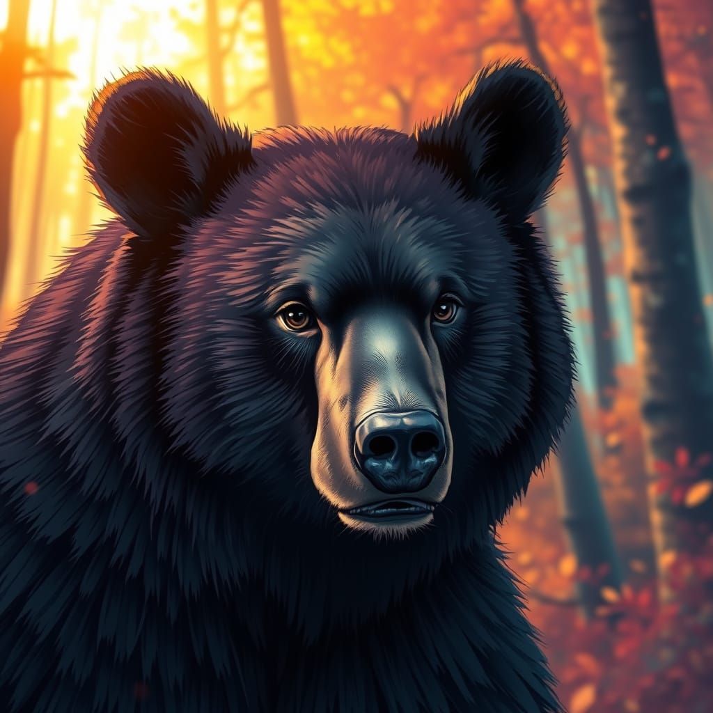 Vibrant Anime Bear in Golden Forest