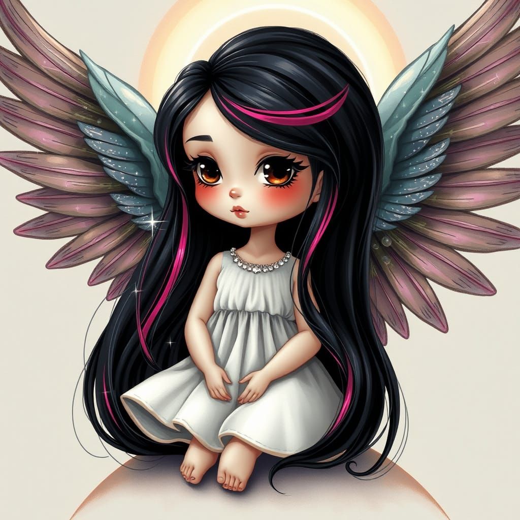 Surreal Angel with Magenta Stripes in Glittering Trompe-L'oe...