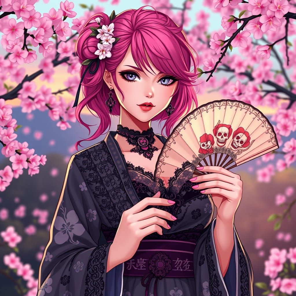 Elegant Gothic Beauty in Cherry Blossom Garden