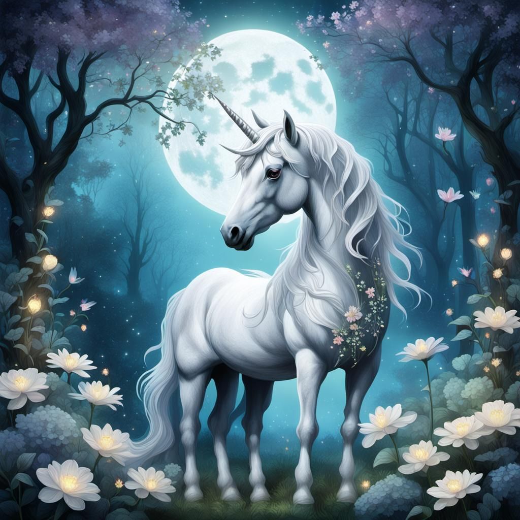 Mystical Unicorn in Moonlit Glade with Glowing Flowers