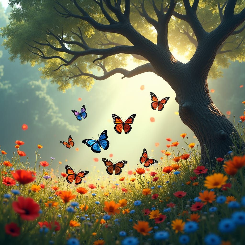Iridescent Butterflies Dance in Lush Meadow
