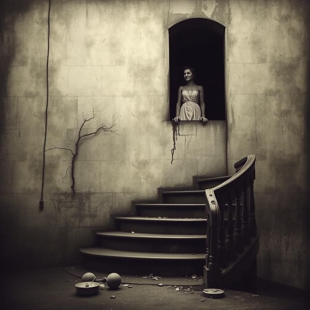 Brooding Ghostly Woman Haunts a Servants' Staircase