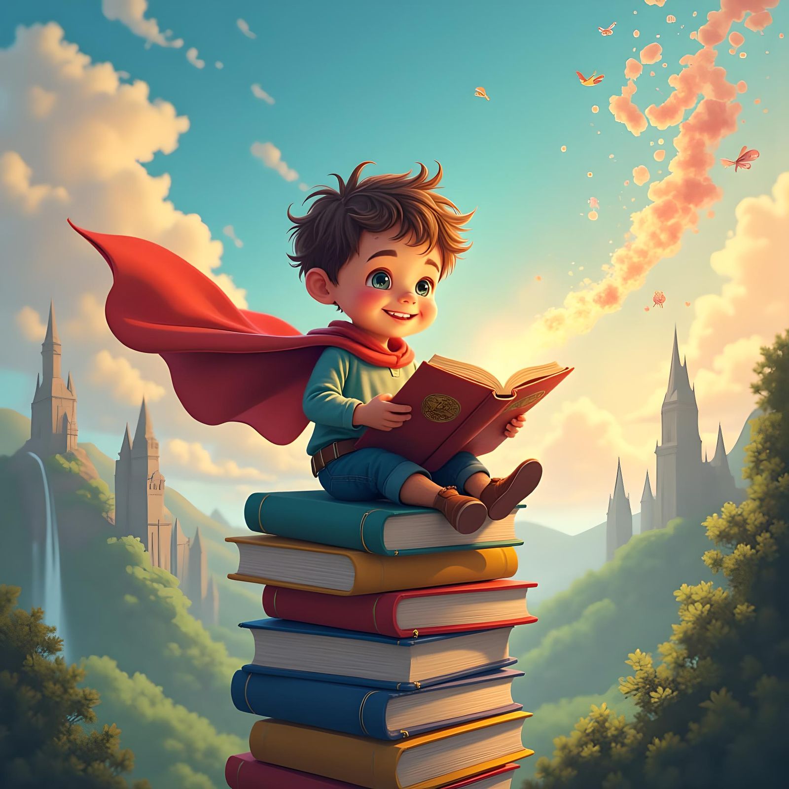 Child Superhero Reading a Book: Fantasy Concept Art