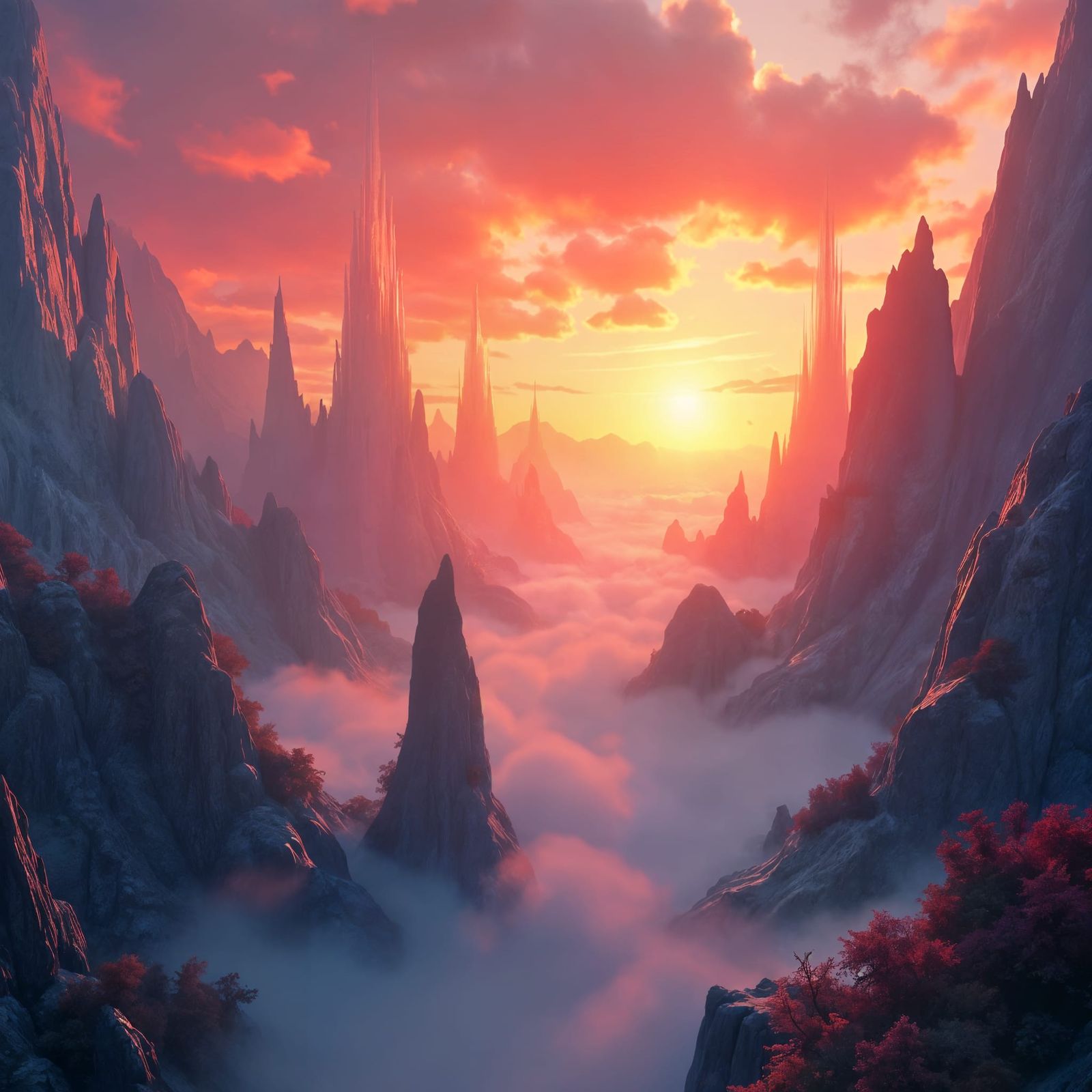 Fantastical Sunrise: Detailed Matte Painting in Deep Color
