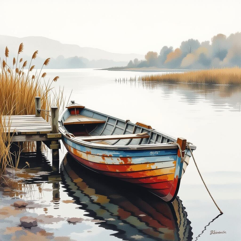 Misty Loch Rowing Boat in Watercolor Style