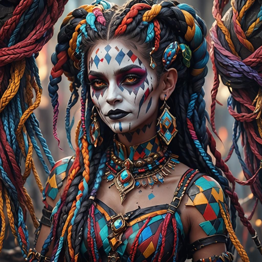 Demon with Multicoloured Braids as Harlequin