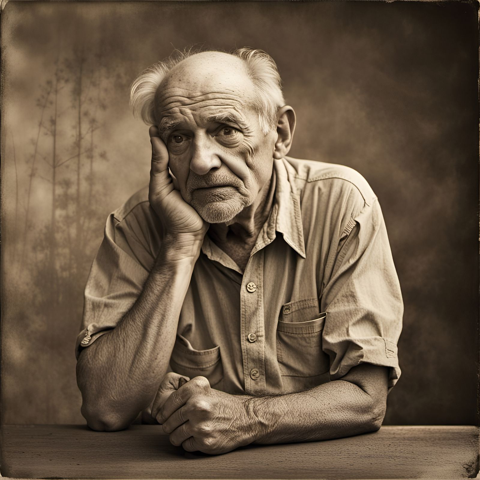 Sepia Portrait of Elderly Man in Despair