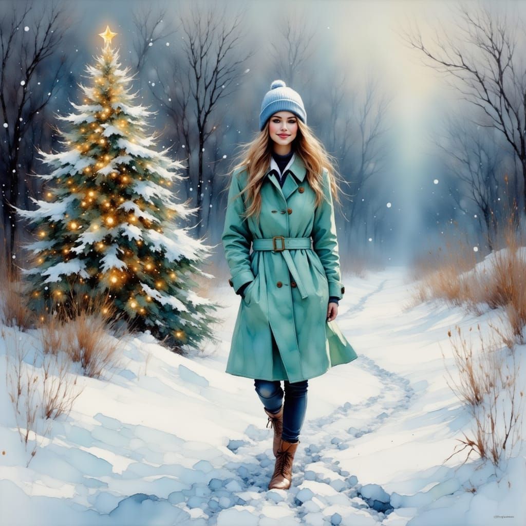 Young Girl in Mint Coat Enjoys Winter Day, Oil Painting