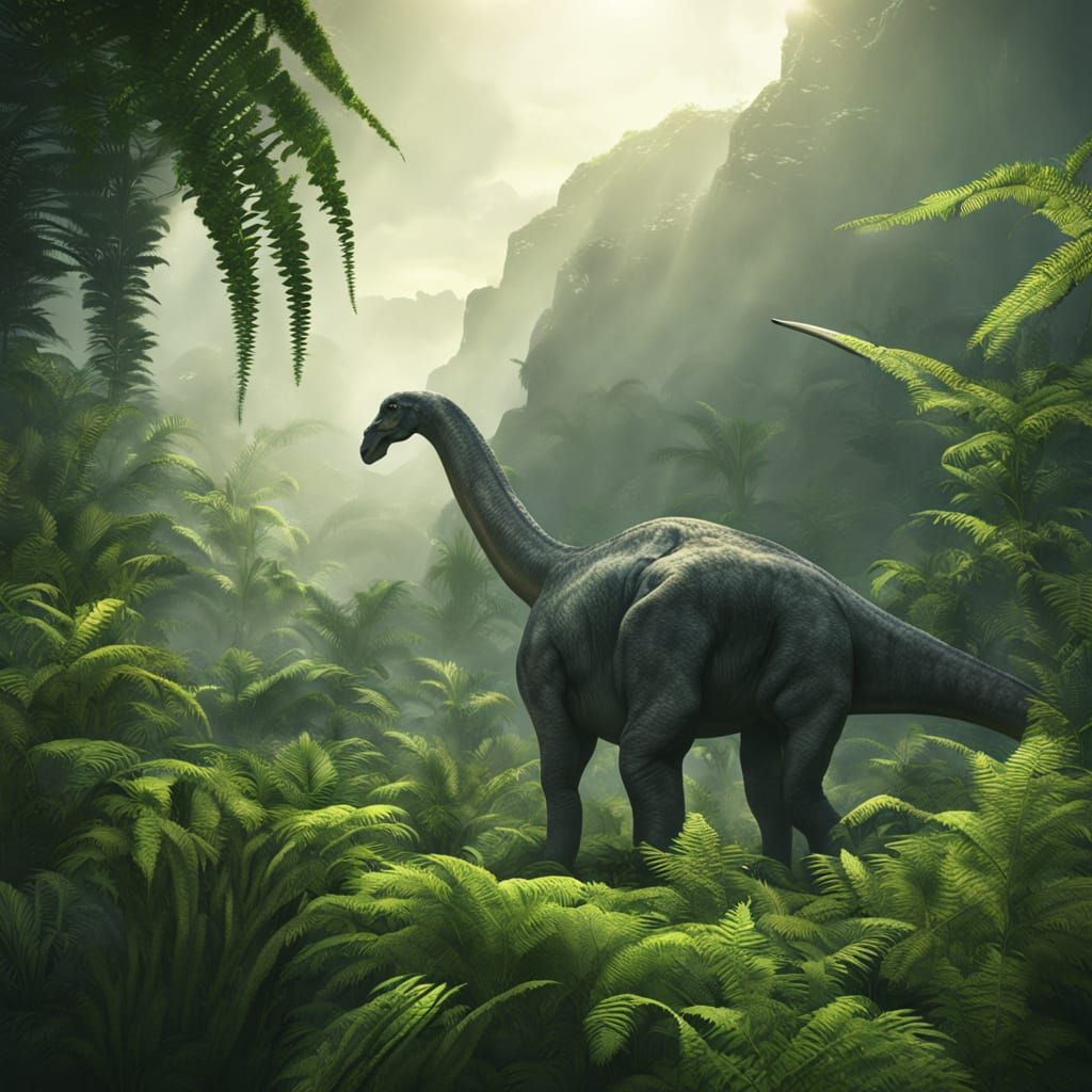 Jurassic Period. Digital matte painting. A towering Brachiosaurus grazes on lush ferns in a prehistoric jungle. Volcanic...