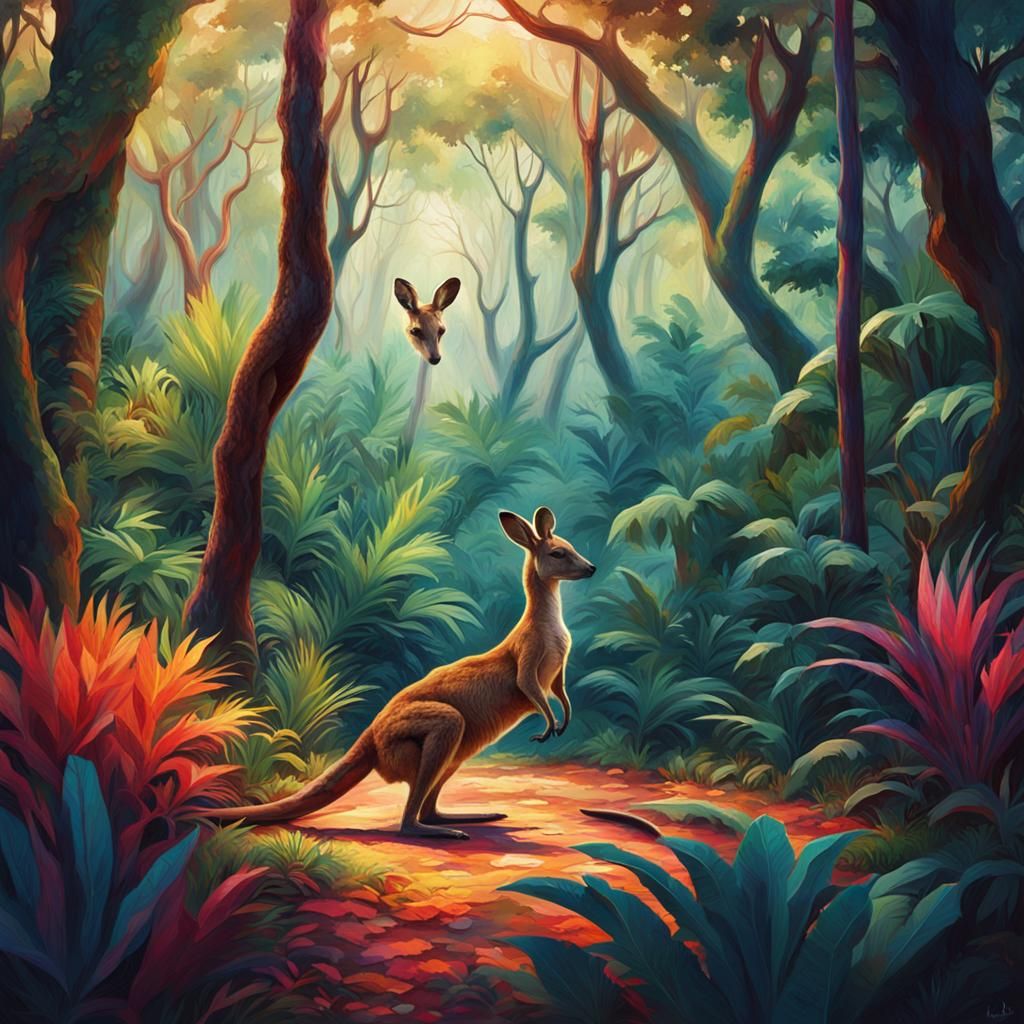 Kangaroo and Python Standoff in Australian Jungle