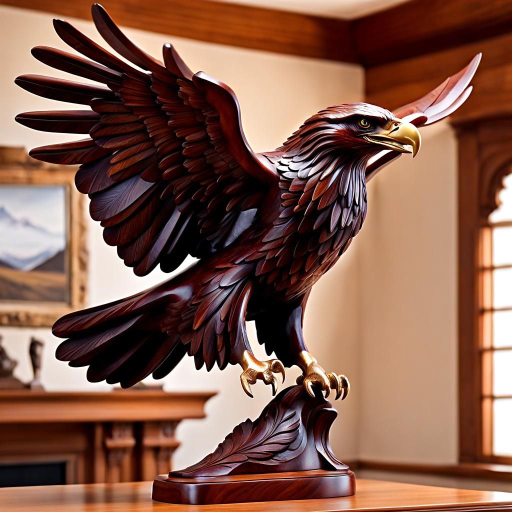 Majestic Carved Wooden Eagle Statue in Sunlight