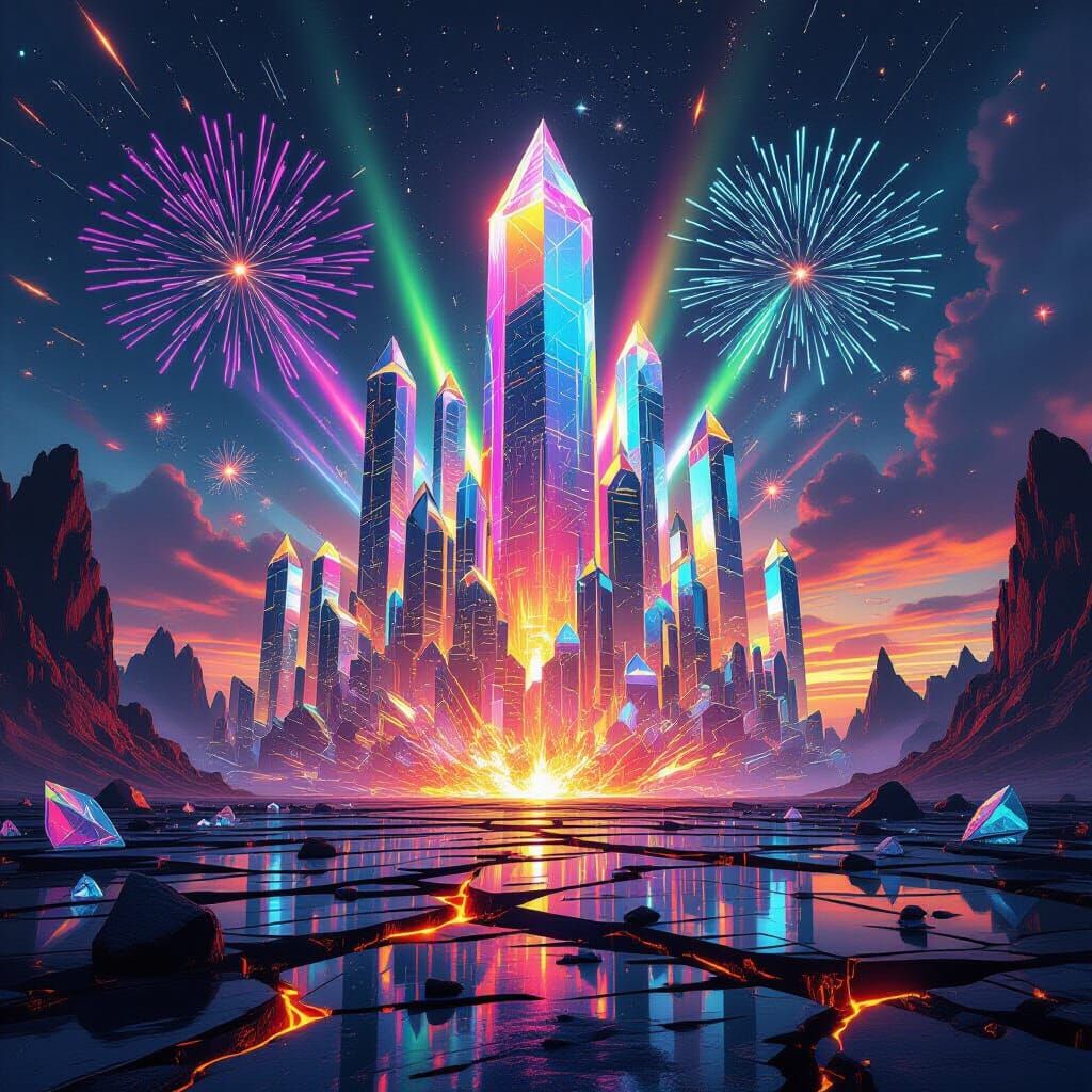 Crystalline City Erupts: Fractal Prism Towers in Neon Hues
