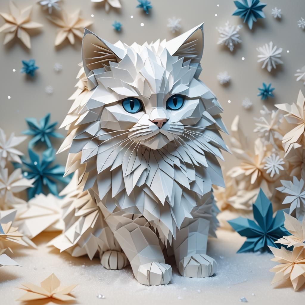 Origami White Cat with Blue Eyes in Snow