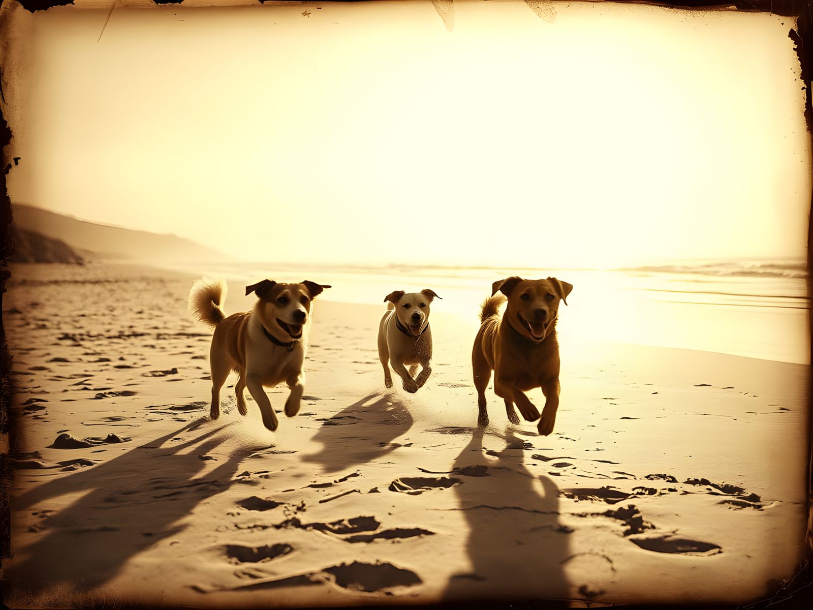 Vintage Seaside Dogs Playing in Sun-Drenched Photo