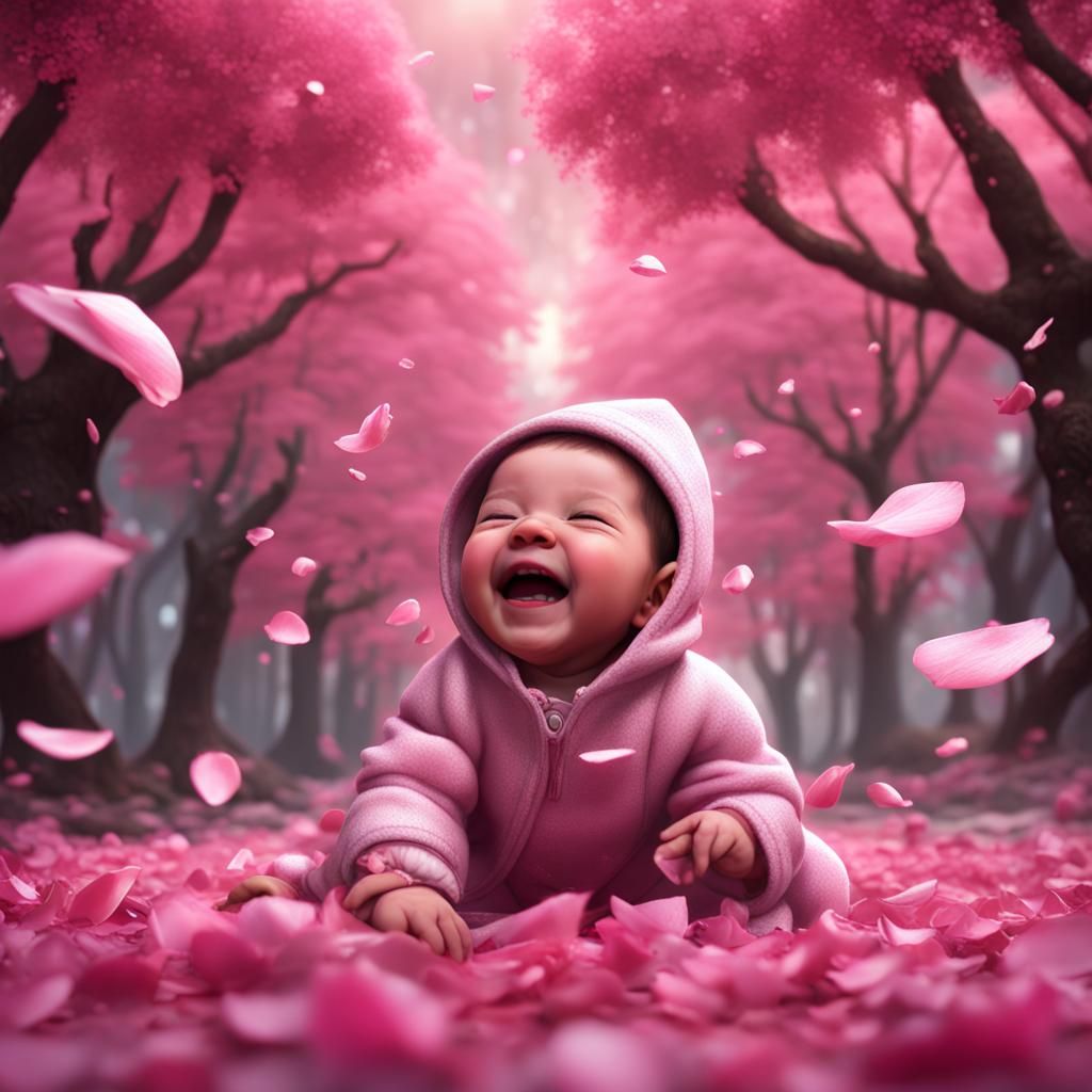 Laughing Infant in a Shower of Pink Petals