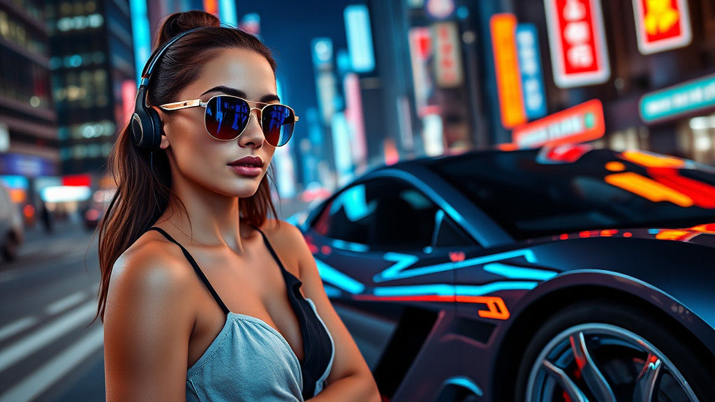 Woman with Car in Neon Tokyo: 4K Realism
