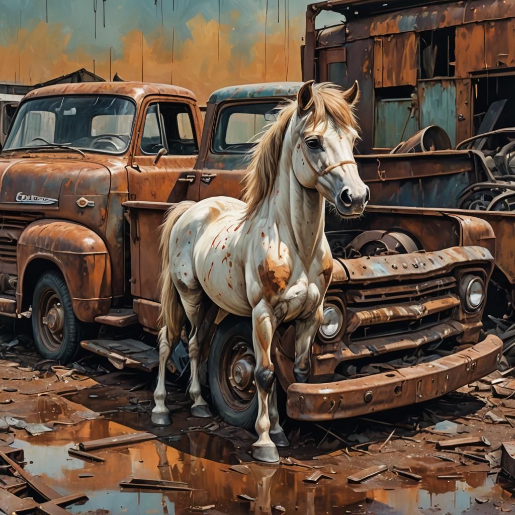 Pony in Chevy Truck: Abstract Expressionist Oil Painting