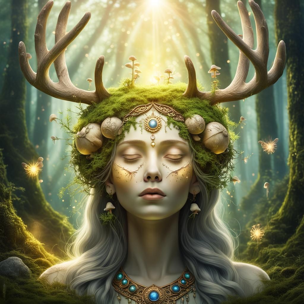 Mystical Antlered Goddess in Forest with Fireflies
