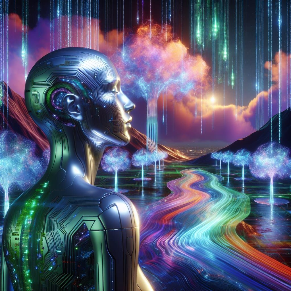 AI Figure in Surreal Digital Landscape