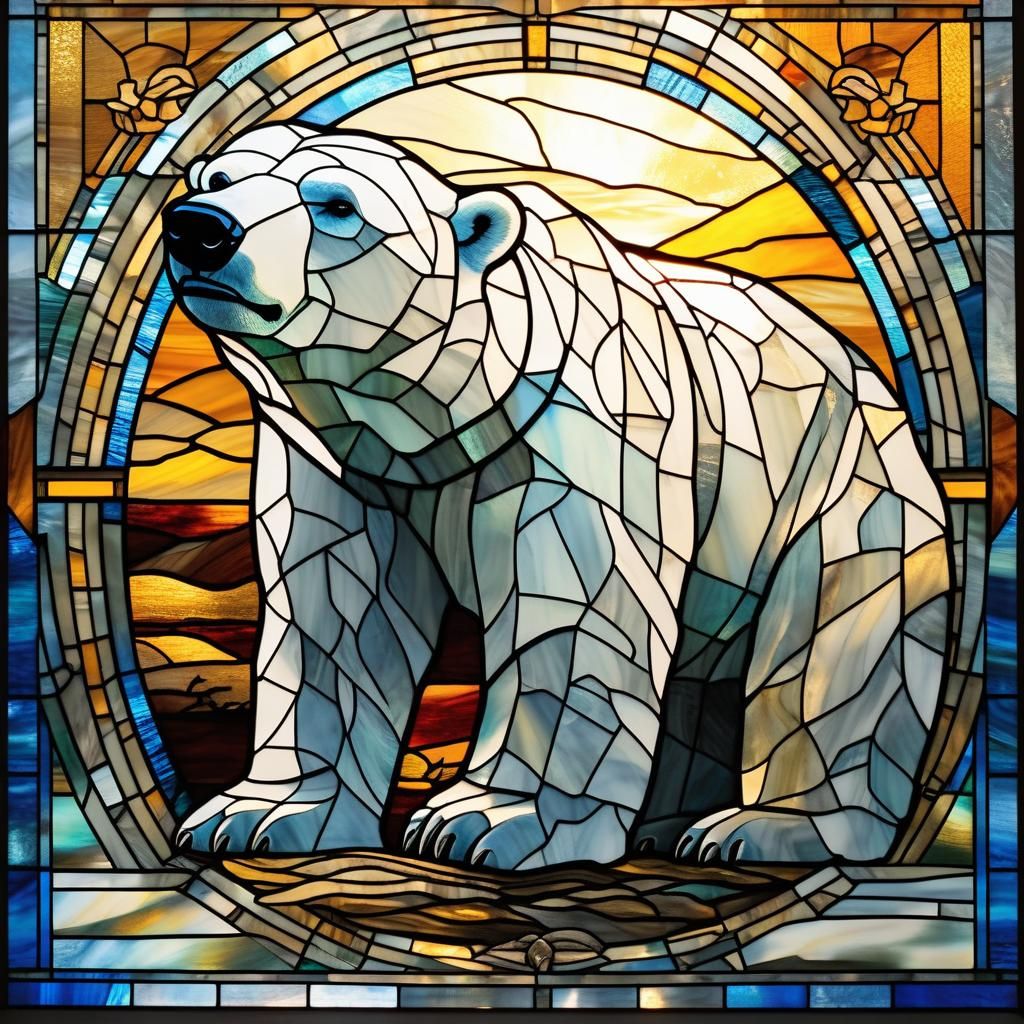 Stained glass of polar bear with sunlight coming through the window