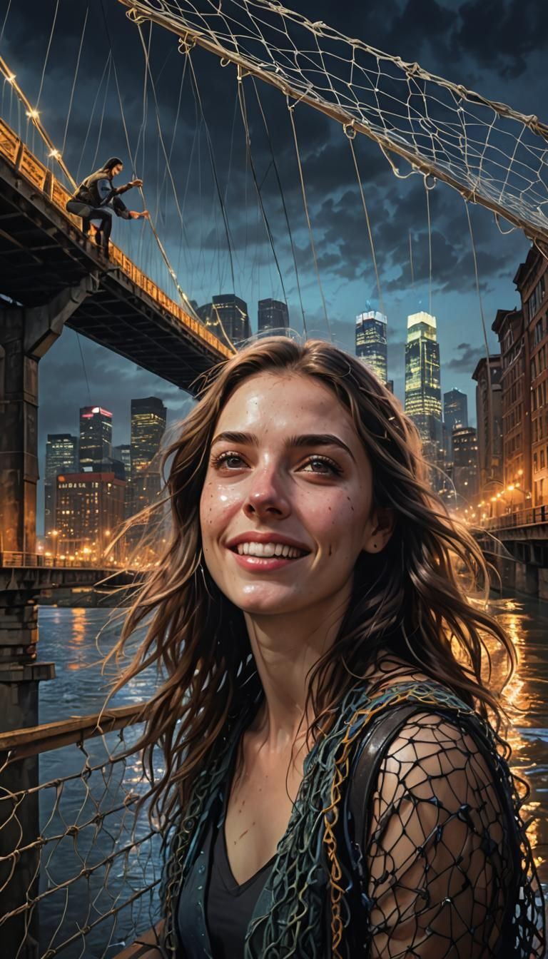 Woman on Bridge Saved by Net: Hyperreal Portrait