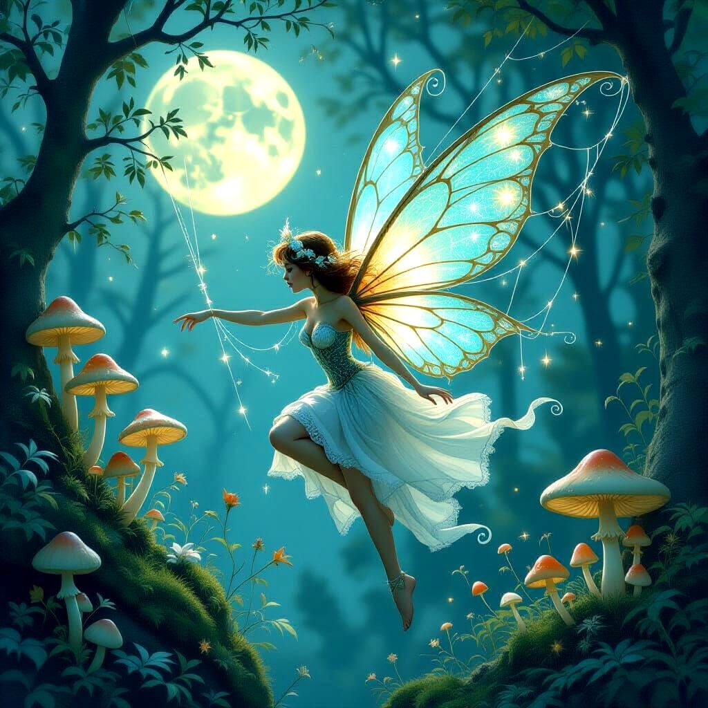 Ethereal Spiderweb Fairy Illuminated by Bioluminescent Mushr...