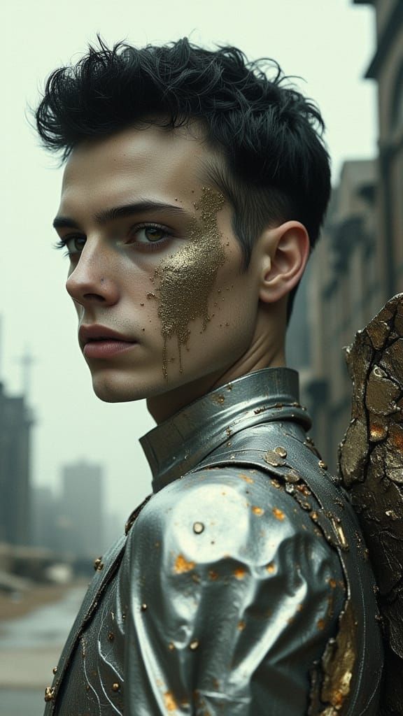 Cyborg Warrior in Dystopian Cityscape