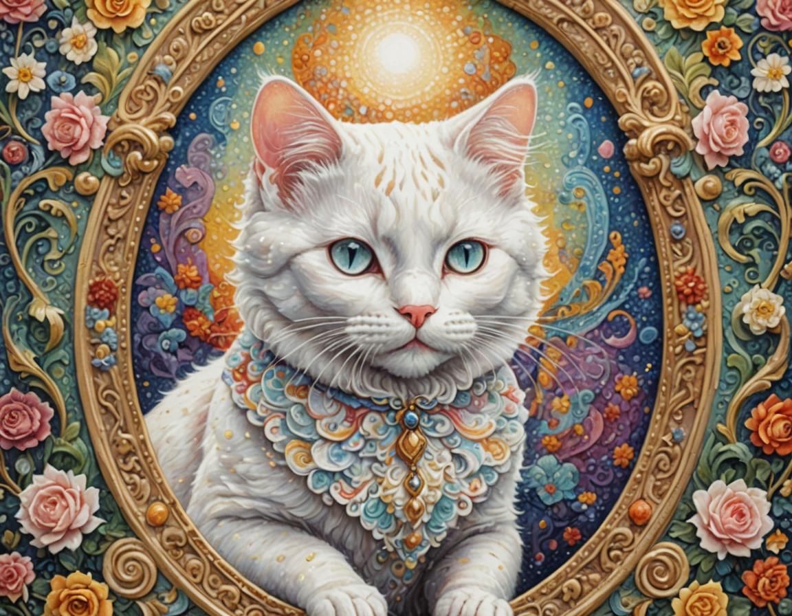 White Cat in Baroque Pointillism Style