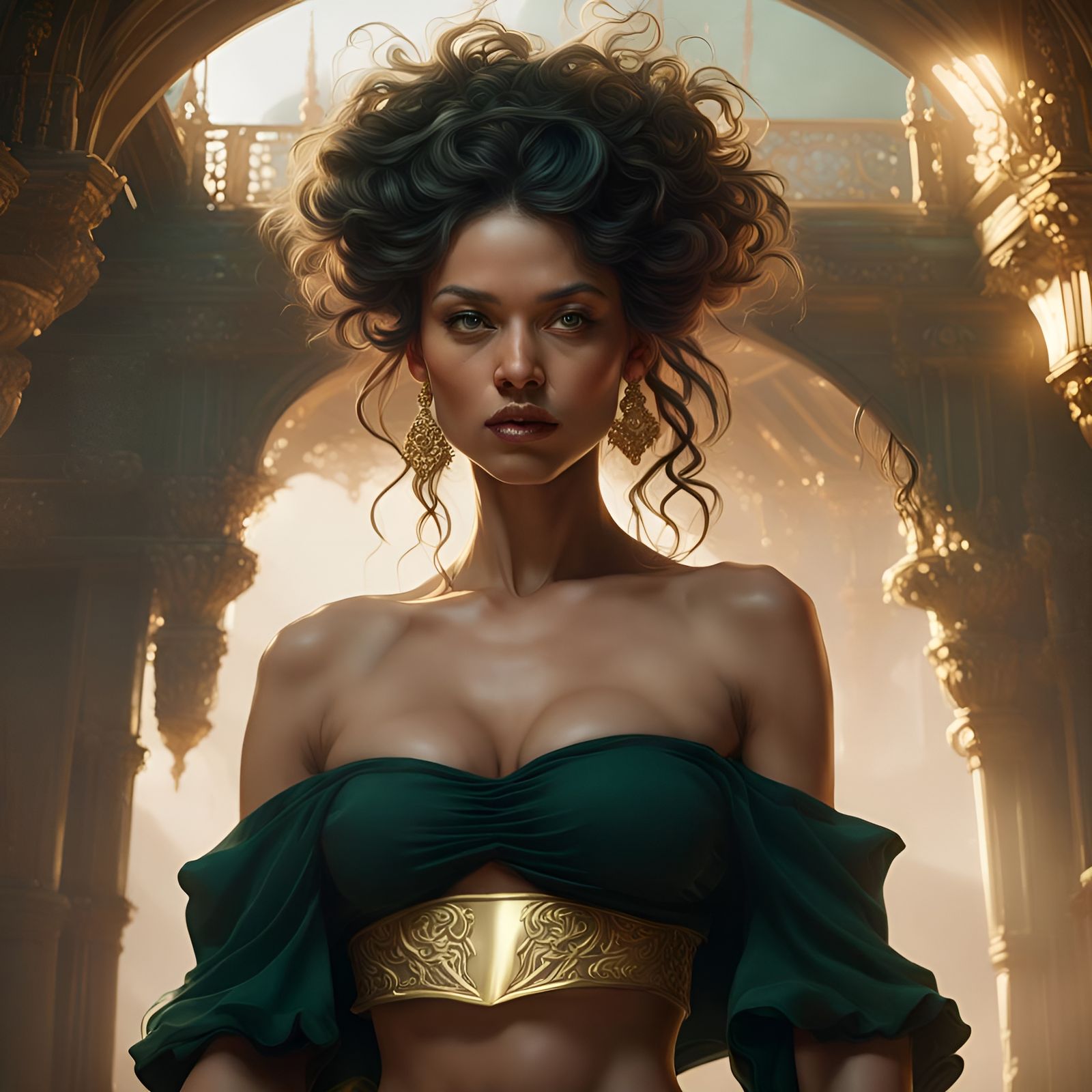 Fantasy Woman in Green and Gold, Detailed Art