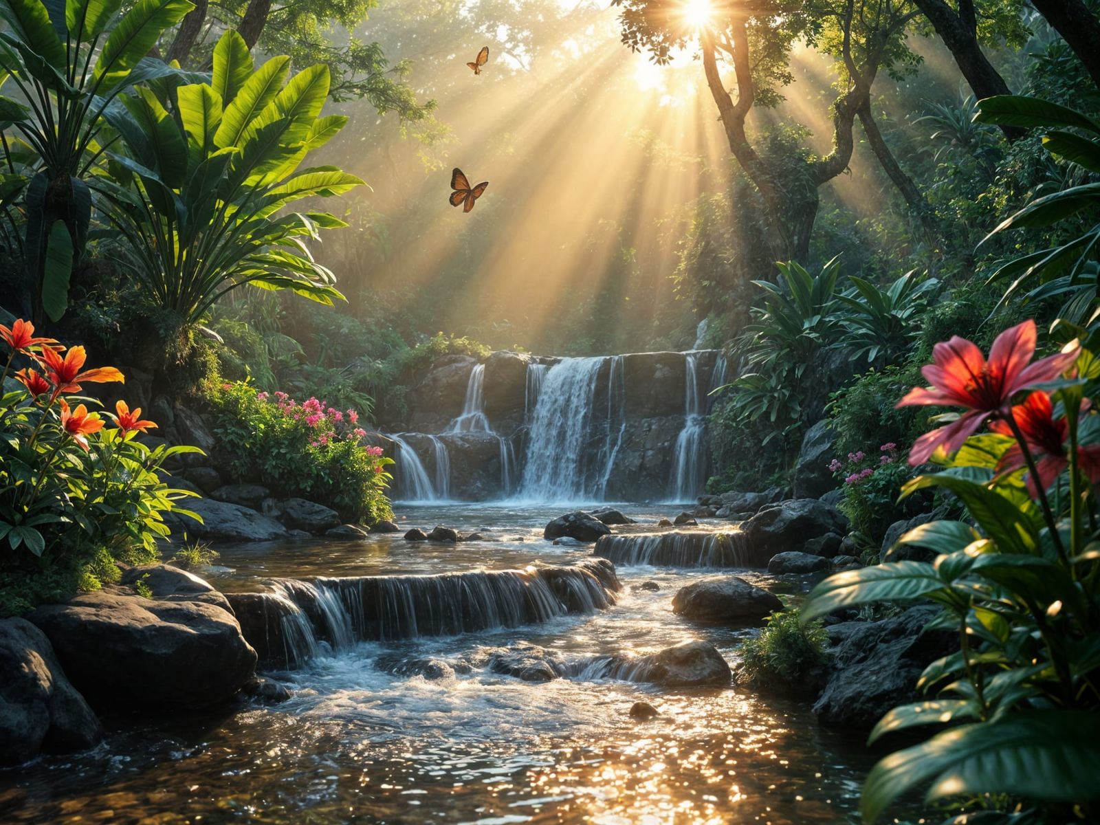 Secret Garden at Dawn with Waterfalls and Butterflies