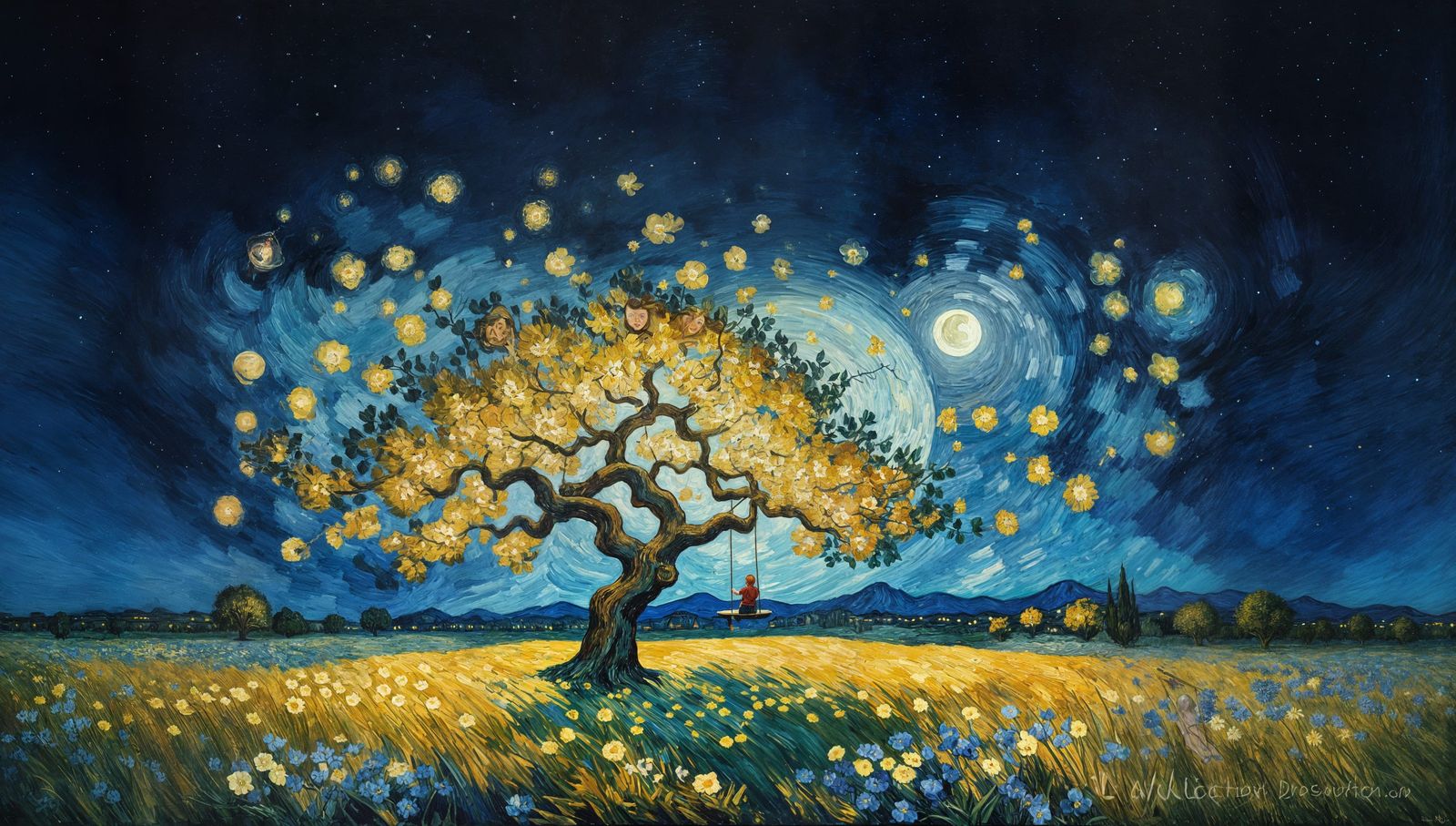 Girl on Swing Under Starry Sky, Van Gogh Style