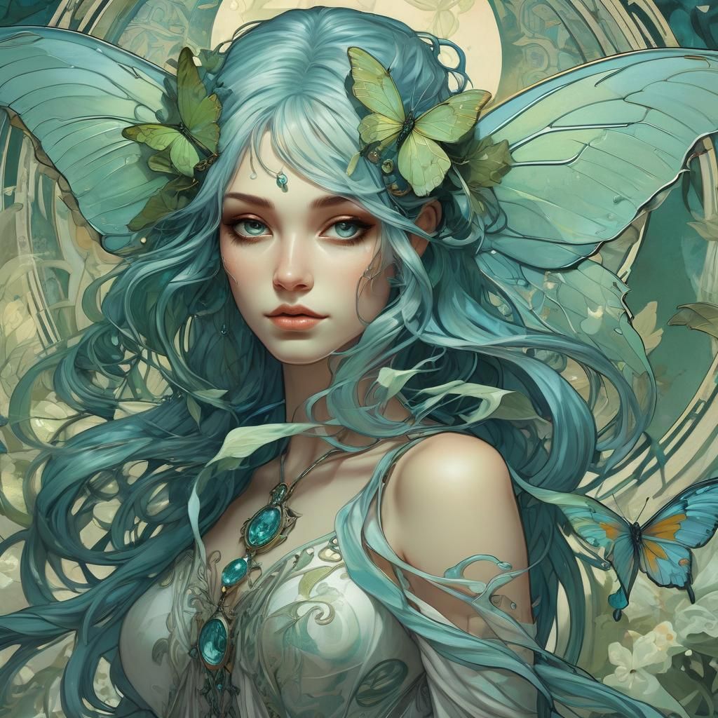 Woman with Luna Moth: Dark Fantasy Art Nouveau Portrait