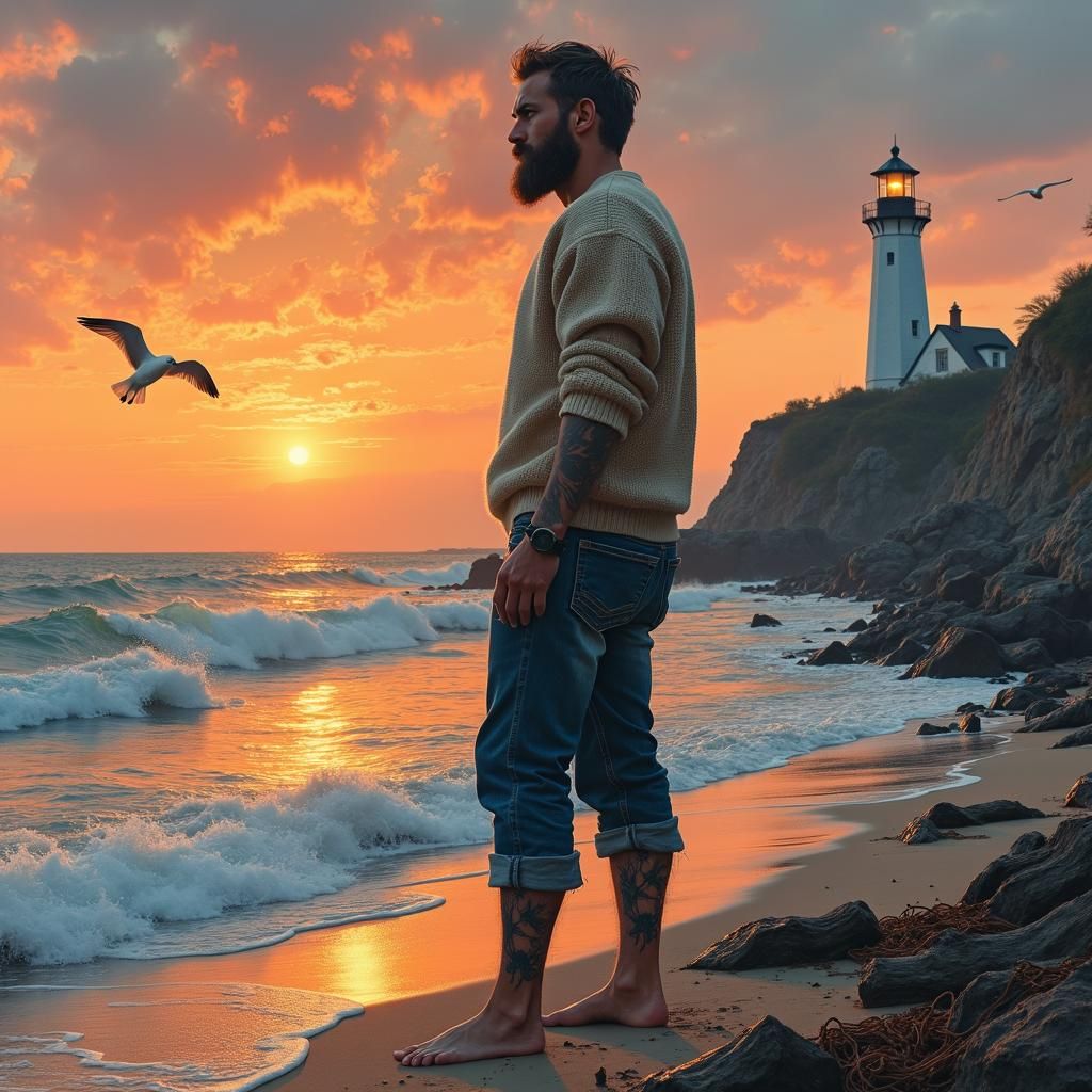 Man with Lighthouse Tattoo on Rocky Beach at Sunset