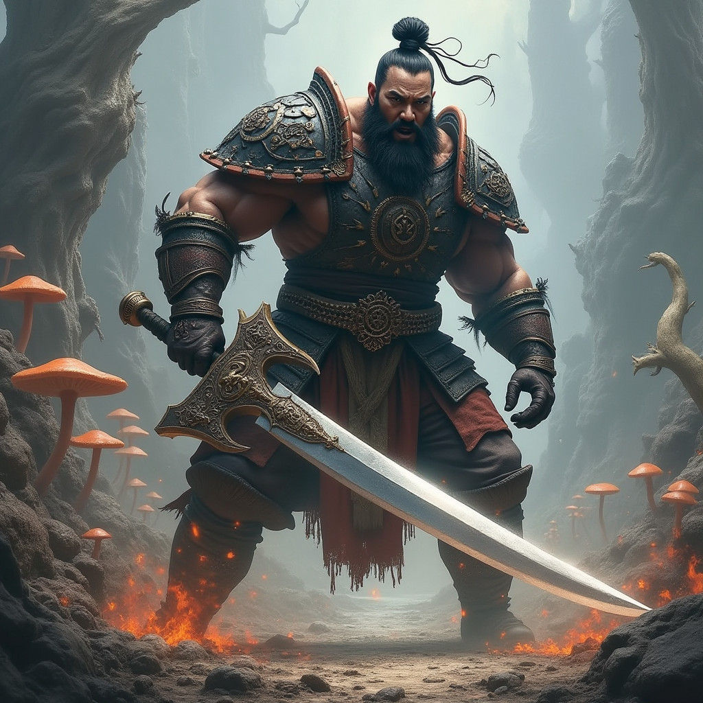 Imposing Asian Warrior Shatters Earth with Great Sword