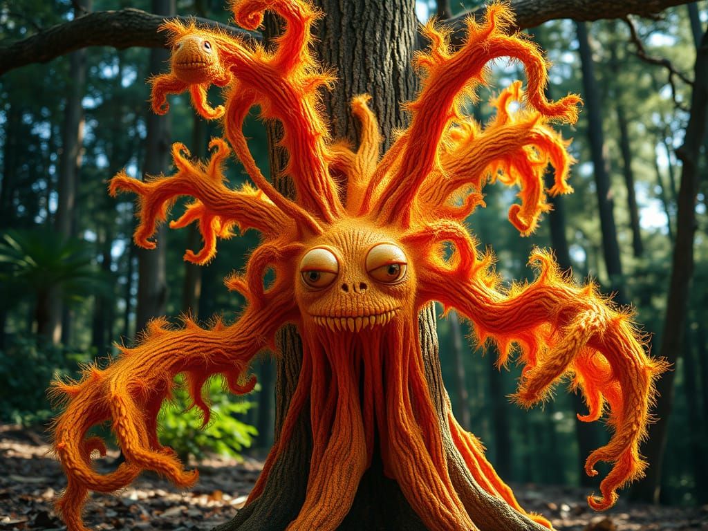 Surreal Orange Tree Monster Roams Contemporary Forest Landsc...