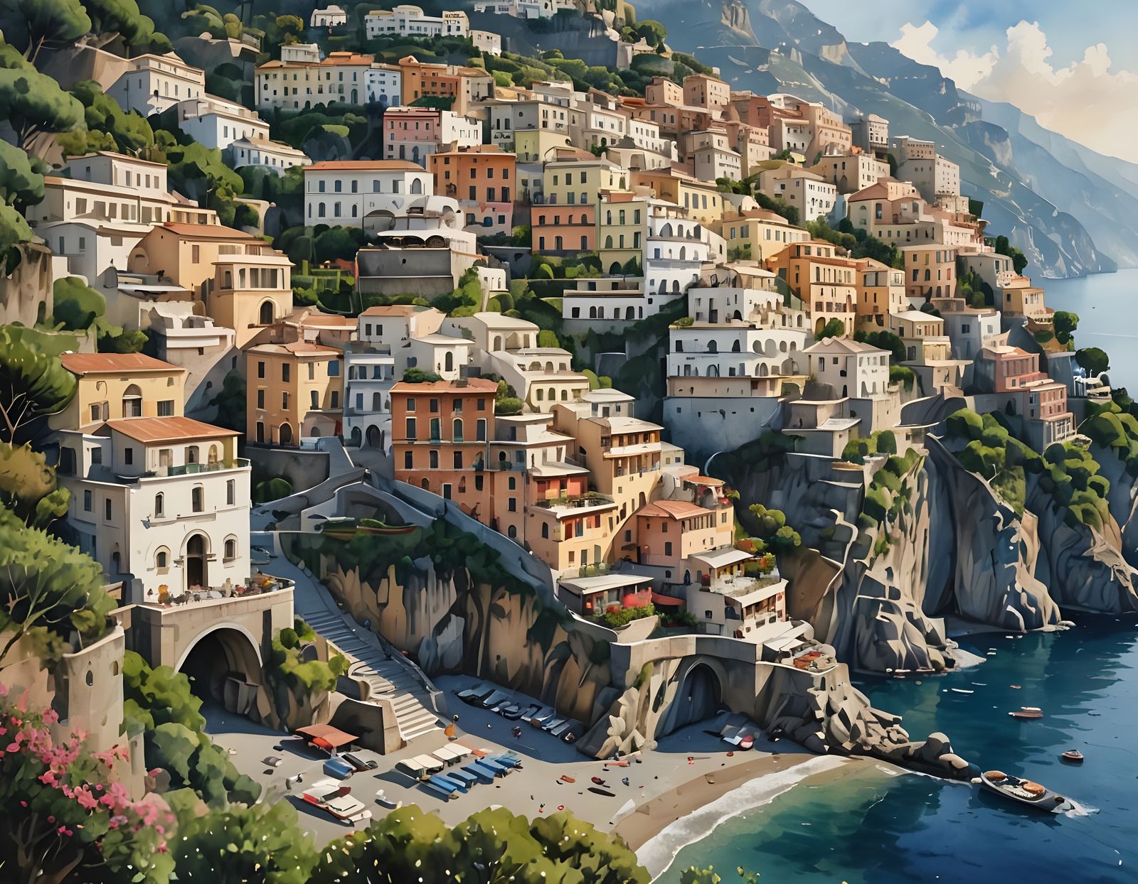 Amalfi Coast in Positano: Watercolor Painting