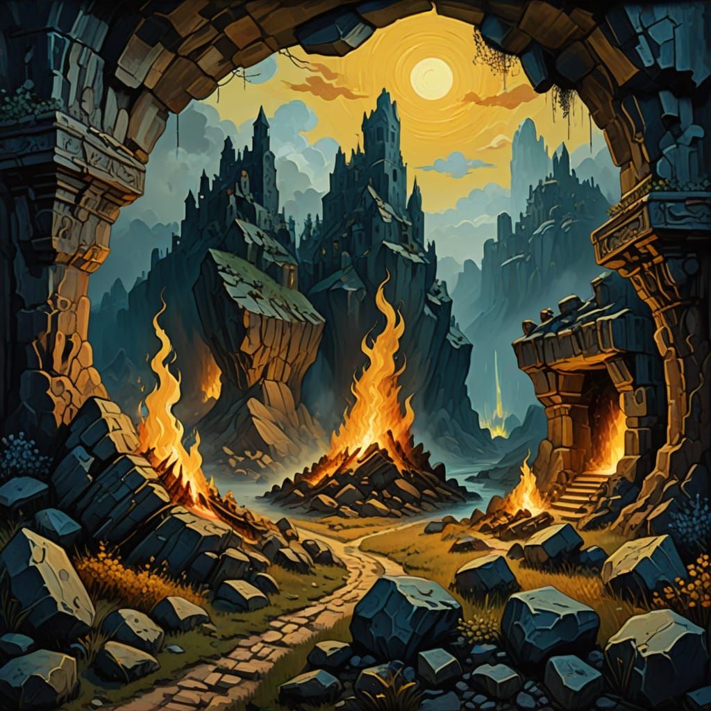 Neo-Impressionist Cave Scene with Fire and Ghostly Spirits