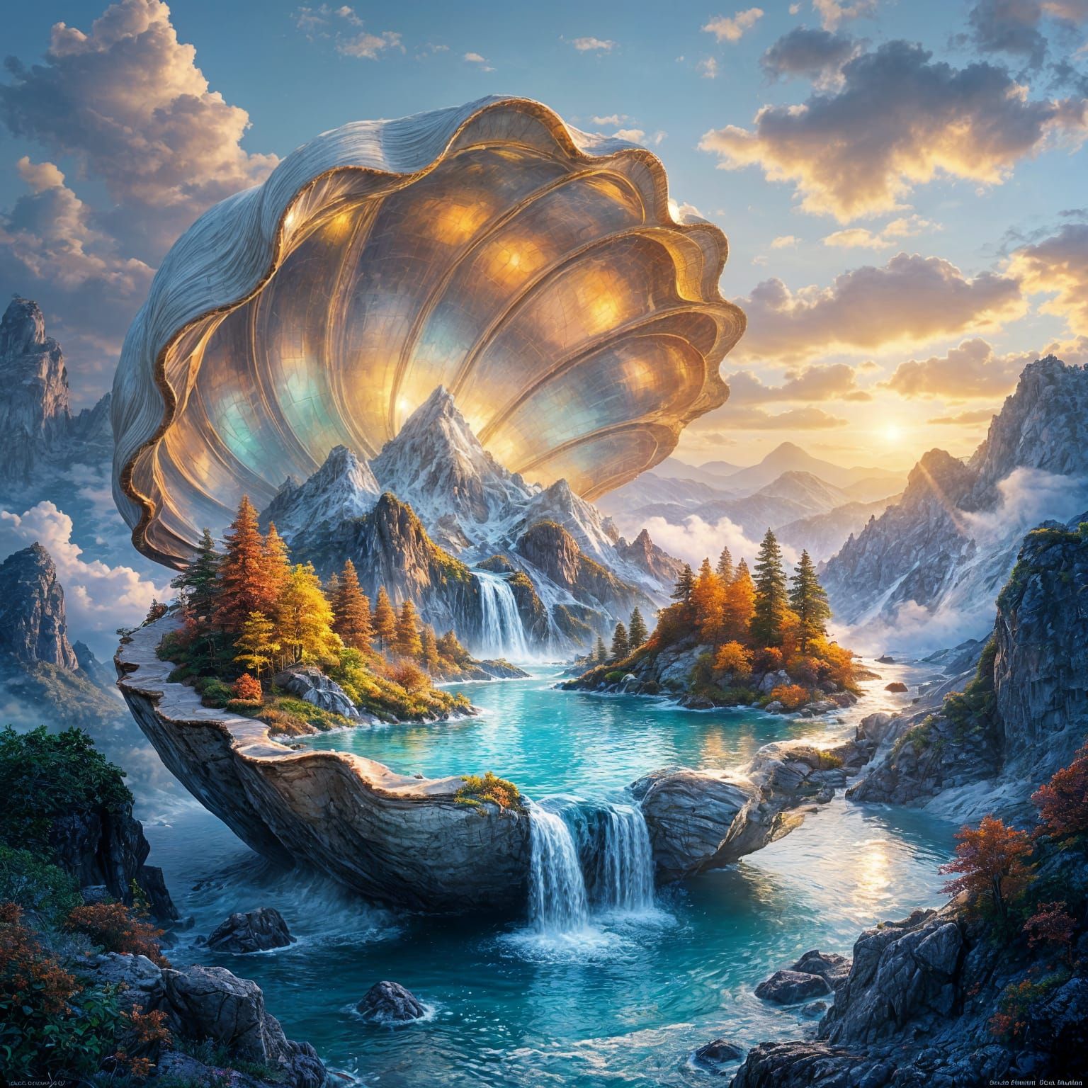 Giant Seashell Opens to Reveal Miniature Autumn Mountain Lan...