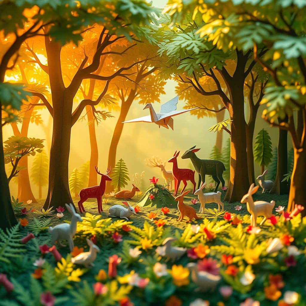Vibrant Origami Forest with Paper Animals and Sunlight