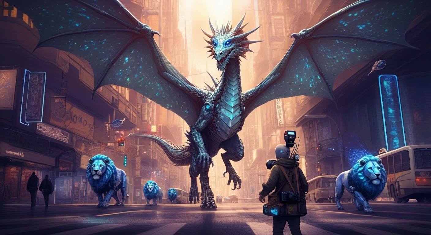 Cyberpunk Dragon Dominates Metropolis Streets