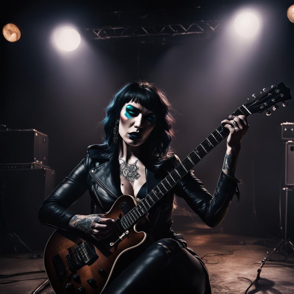 Rock Singer with Guitar on Stage in Hyperrealism