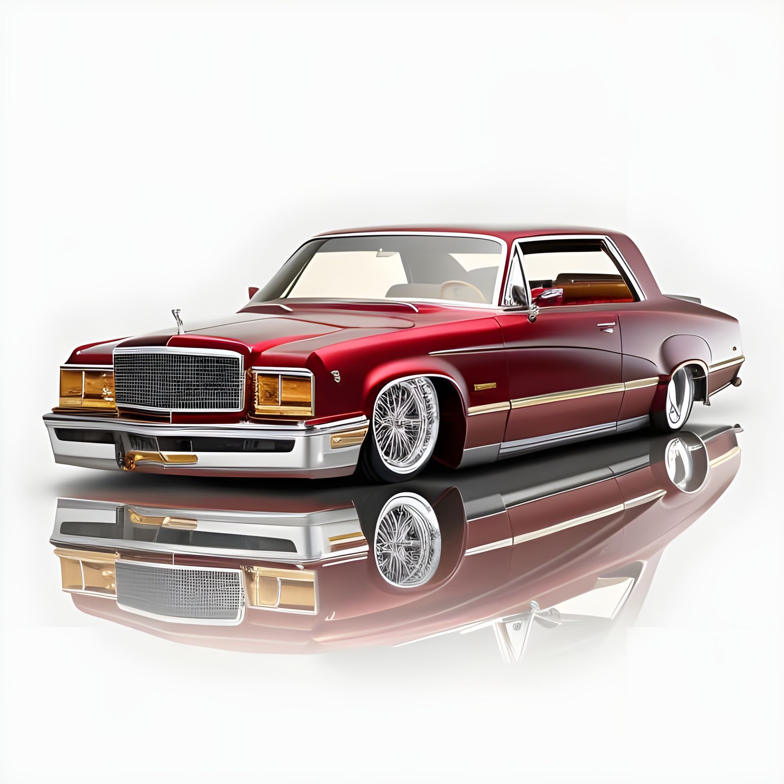 Candy Red Cadillac Lowrider Drag Racer with Golden Accents