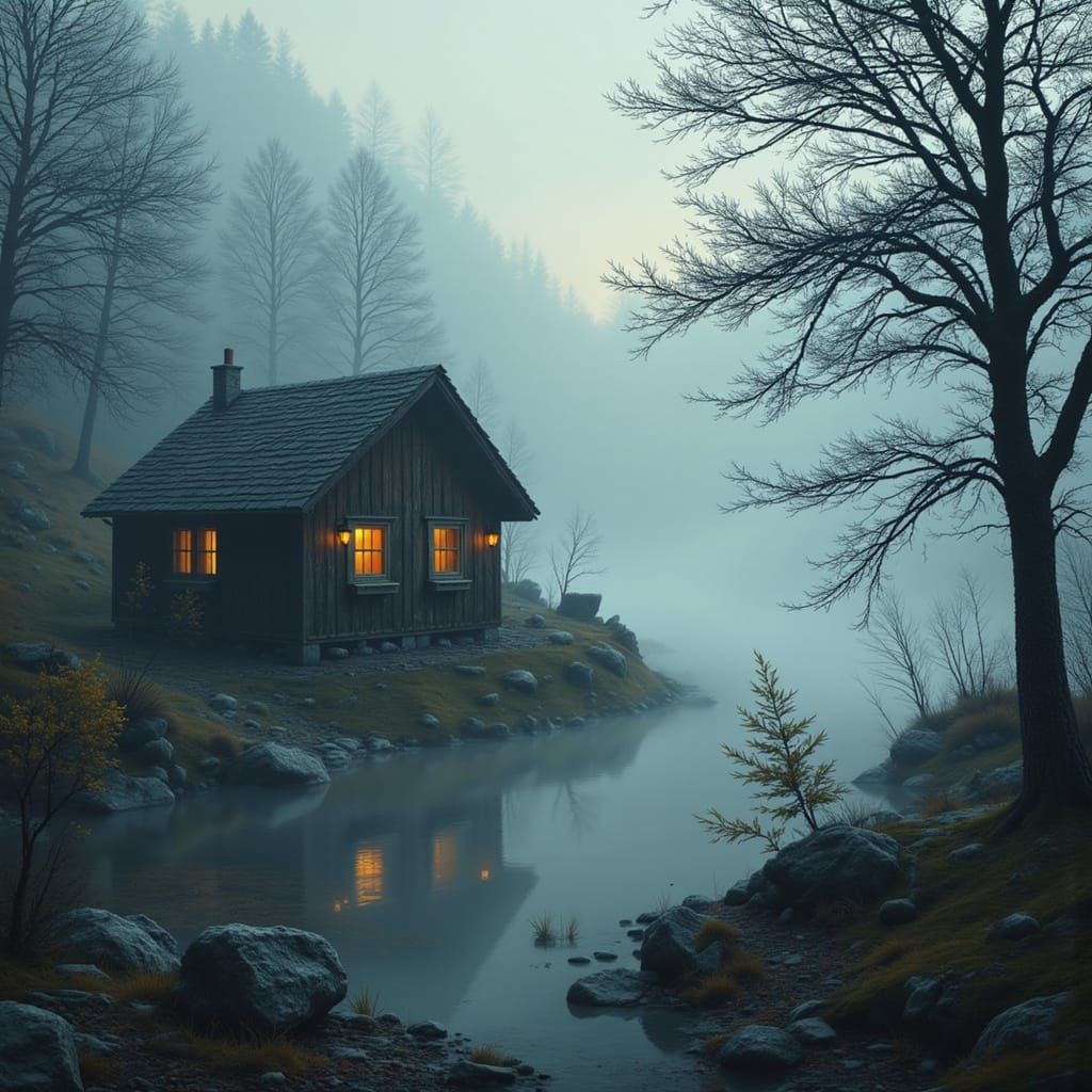 Cozy Rustic Cabin in Misty Valley with Warm Light