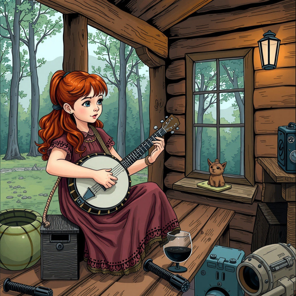 Woman Plays Banjo: Comic Book Art Illustration