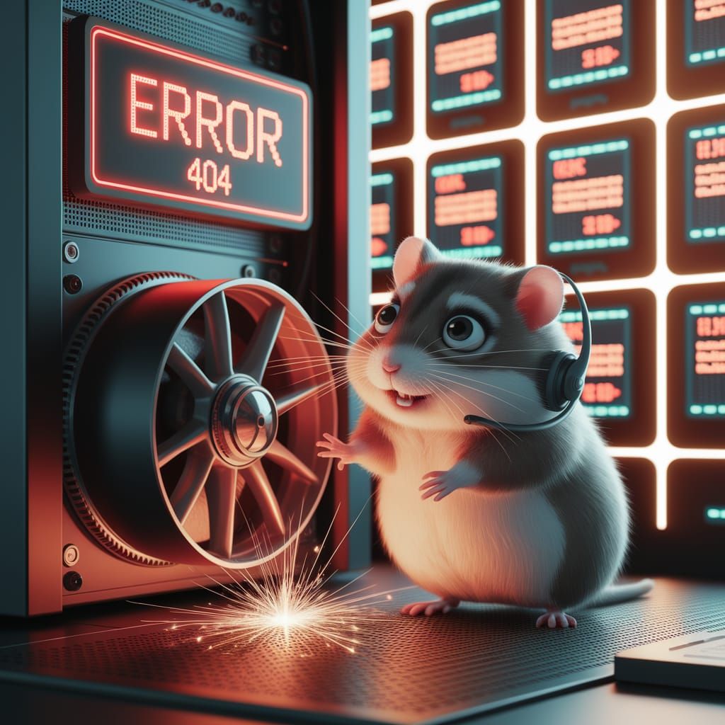 Whimsical Digital Art Scene with Hamster Repairing Server