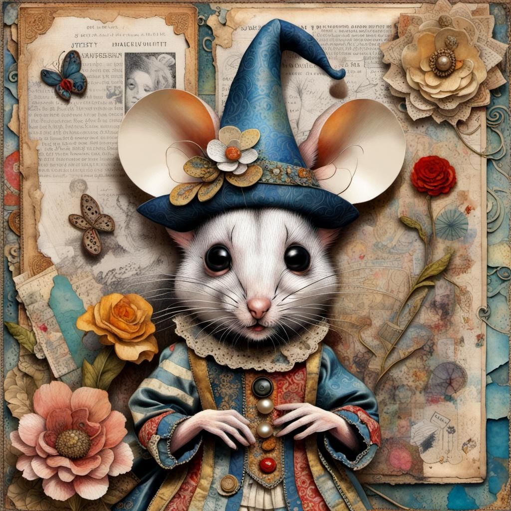 Mouse Harlequin Jester Mixed Media Collage Art