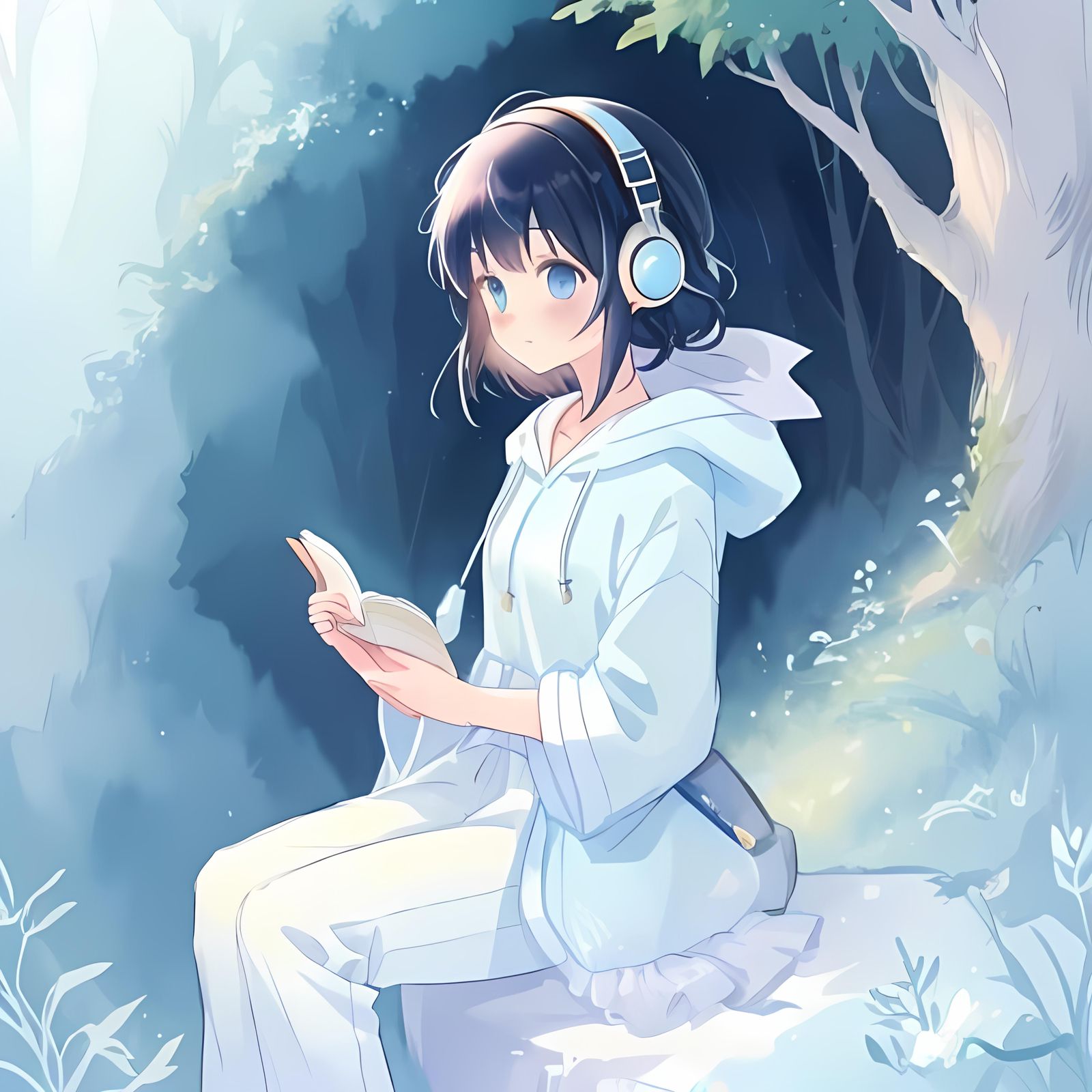 Anime High Schooler in Cave with Book