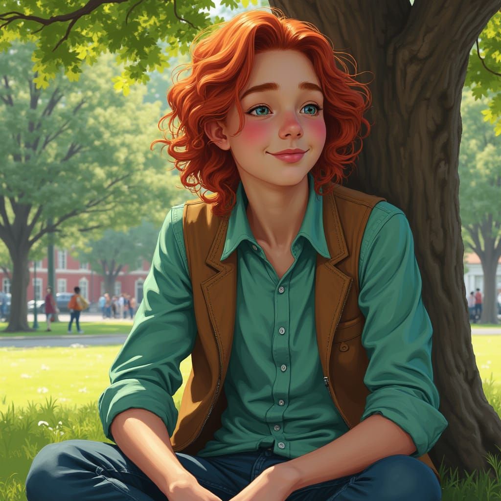 Hyperrealistic Portrait of Young Man Under Tree