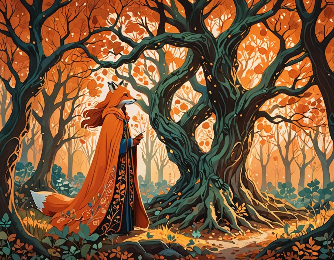 Fox Woman in Enchanted Forest: Gouache Illustration