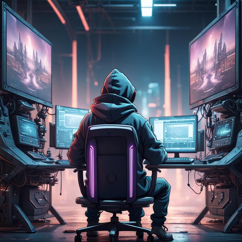 Cyberpunk Man in Lab, Detailed Matte Painting